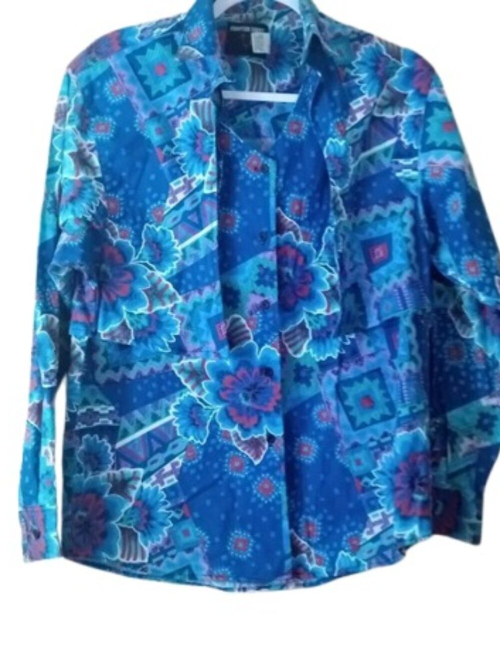 Vintage Frontier Series Womens Western Boho Rodeo Button Up Shirt Blue Floral L